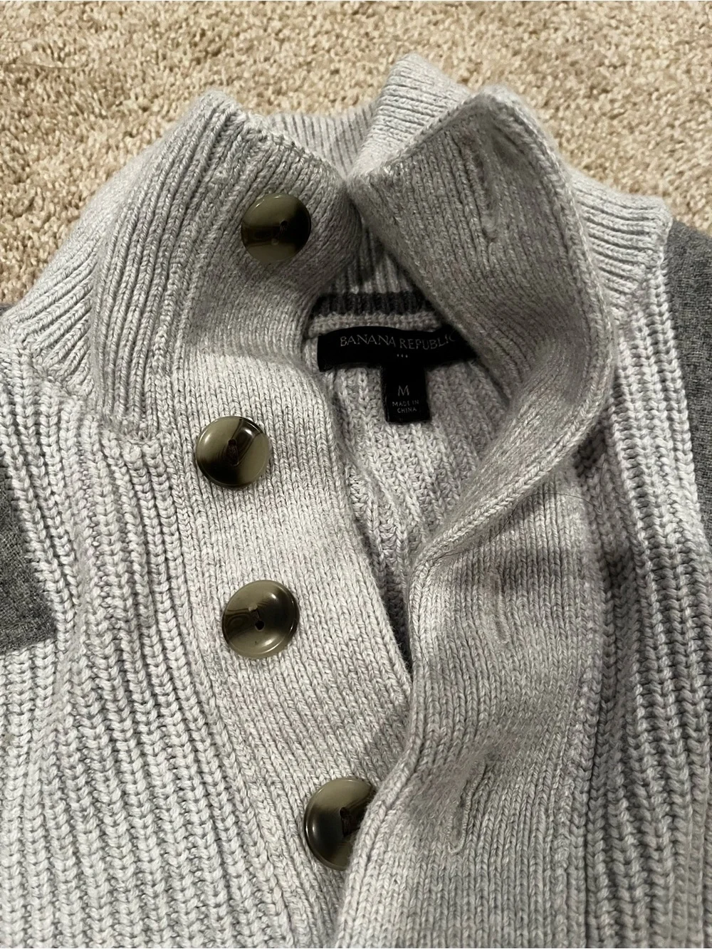 Men's Gray Rib-Knit Button Mock Neck Sweater